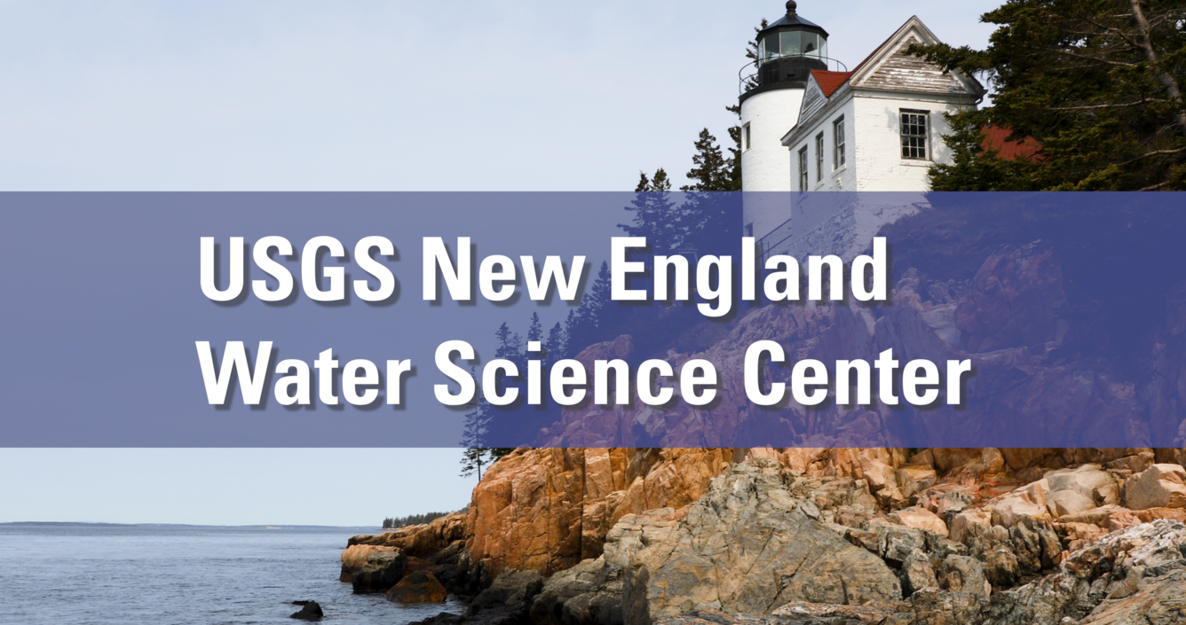 Text reads: USGS New England Water Science Center. Image of a house on an outcrop of rocks overlooking water.