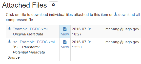 Screenshot of the ScienceBase Attached Files section showing the original metadata record and the transformed metadata record.