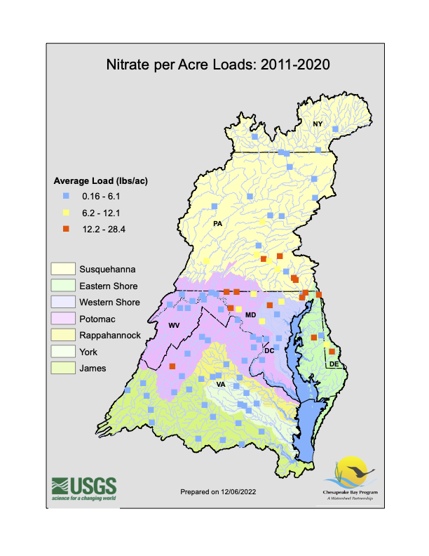 Nitrate per Acre Loads in the Chesapeake Bay Watershed 2011-2020