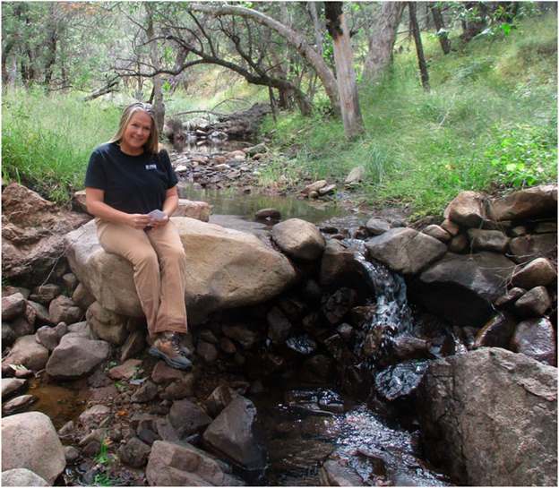 A woman sits on a rock wall that crosses a stream in a wooded area