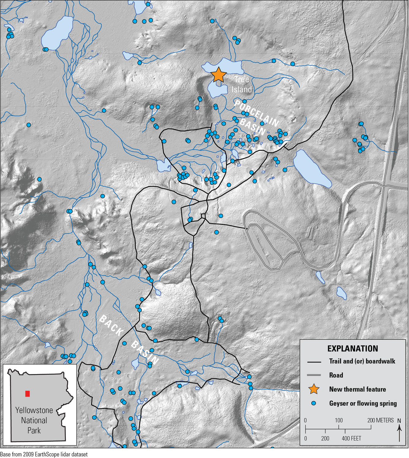 map with shaded relief in grayscale, and water (ponds, streams, and springs) in blue