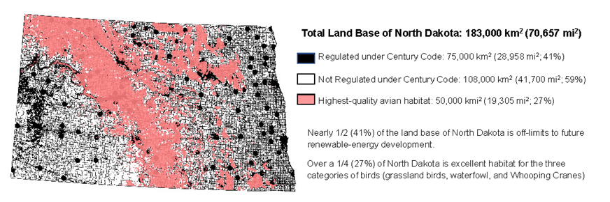 Map of North Dakota symbolized by land base. Black areas represent land unavailable for future renewable-energy development based on the North Dakota Century Code. White areas represent the land theoretically available for future renewable-energy development or other societally approved land uses. Pink areas represent the highest-quality habitat for 3 categories of birds.