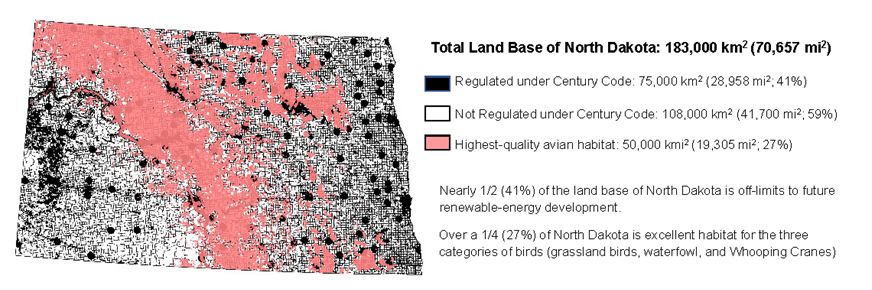 Map of North Dakota symbolized by land base.  Black areas represent land unavailable for future renewable-energy development based on the North Dakota Century Code. White areas represent the land theoretically available for future renewable-energy development or other societally approved land uses. Pink areas represent the highest-quality habitat for 3 categories of birds. 