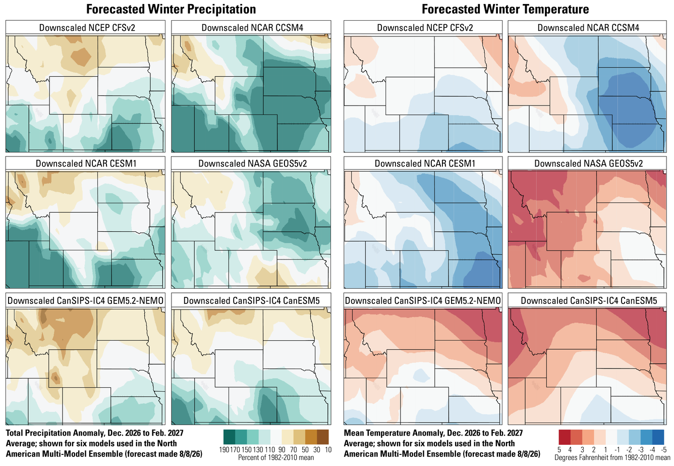 6 precipitation and 6 temperature forecast maps of the North Central U.S.