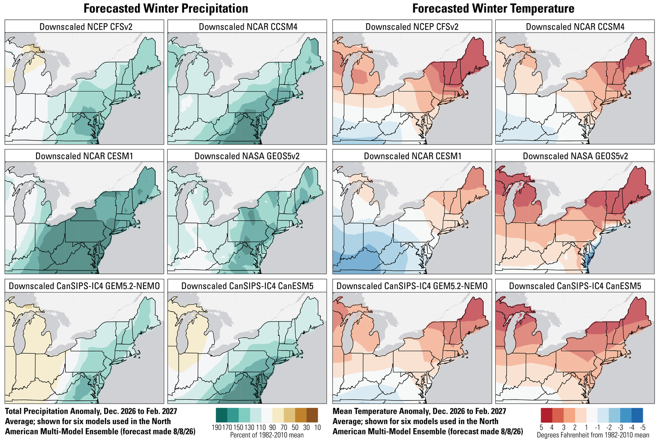 6 precipitation and 6 temperature forecast maps of the Northeast U.S.
