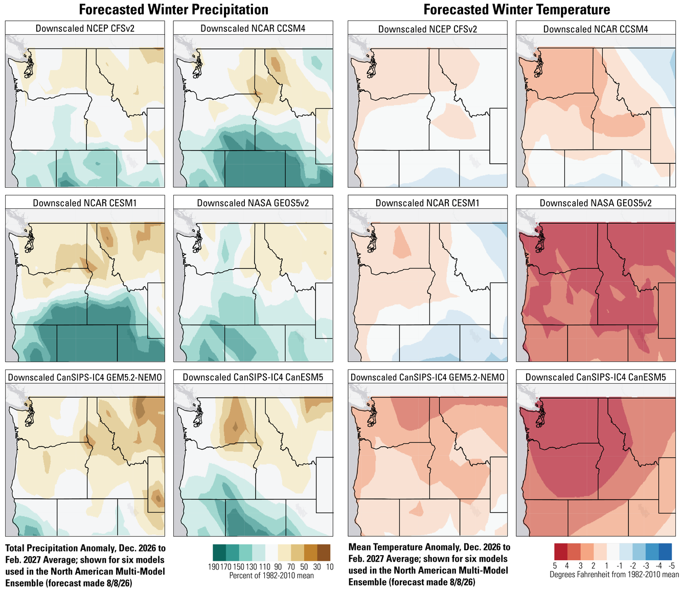 6 precipitation and 6 temperature forecast maps for the Northwest U.S.