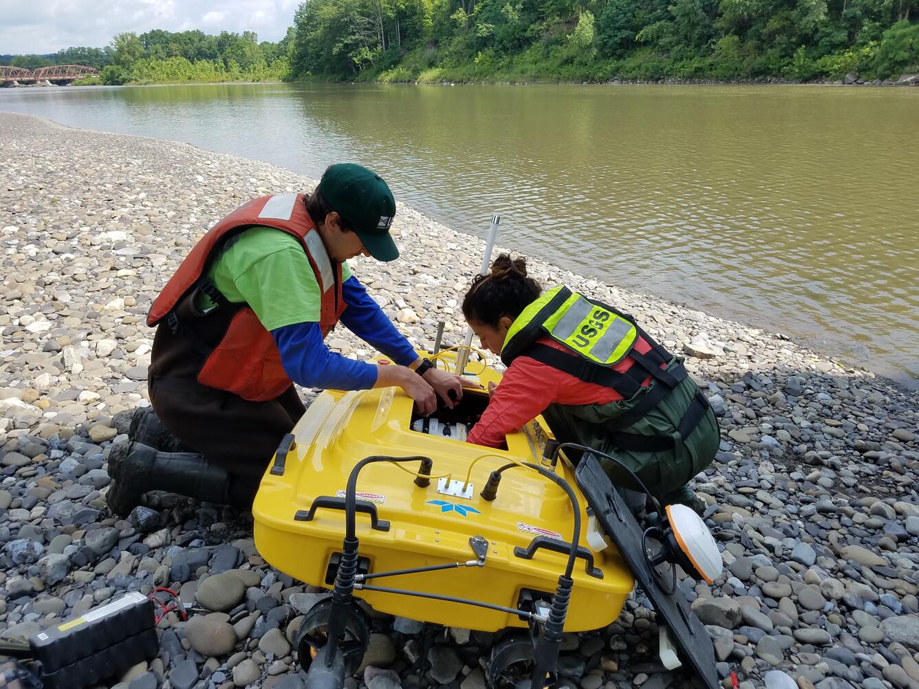 USGS Employees prepare QBoat for ADCP measurement at Schoharie Creek.