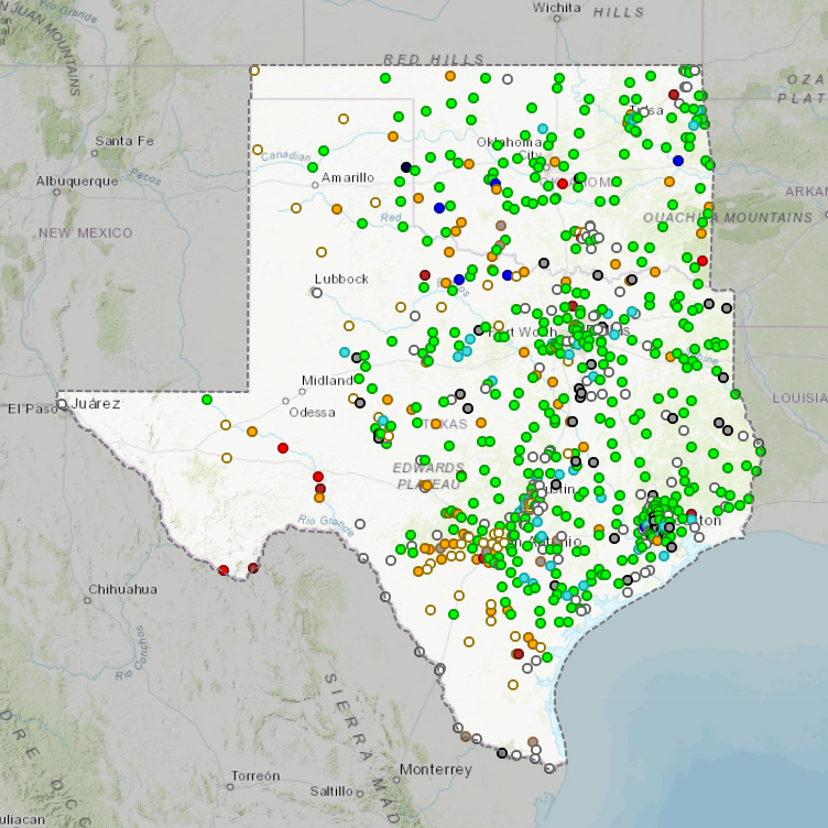 United States map, Texas and Oklahoma highlighted, showing location of USGS real-time streamgages