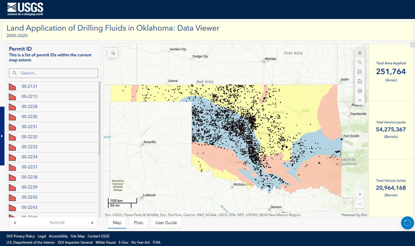 Screenshot of the Land Application of Drilling Fluids in Oklahoma data viewer
