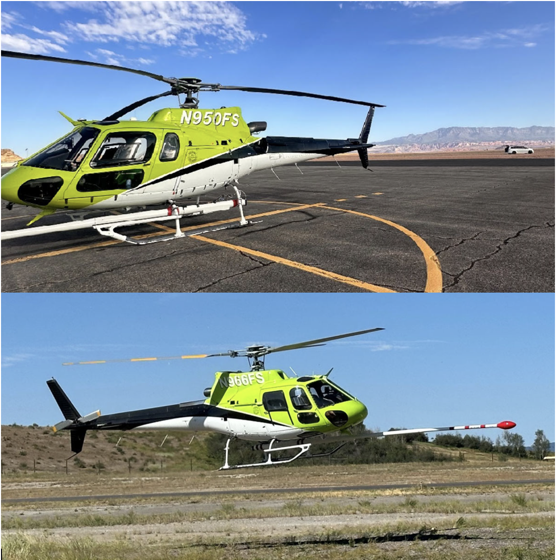 Lime green helicopter parked below blue sky.
