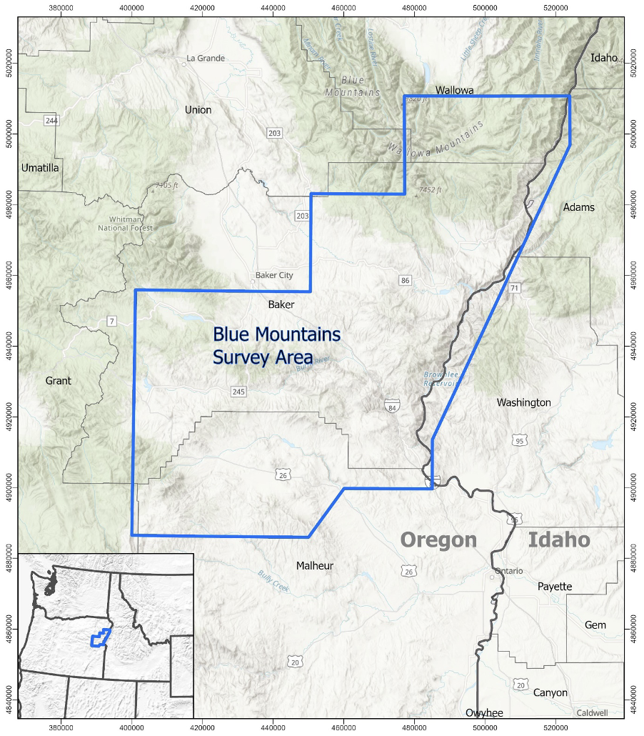 Map of Blue Mountains, Oregon Earth MRI survey area.