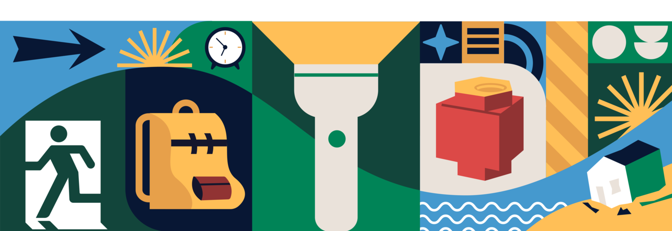 Graphical representations of preparedness visuals like a flashlight, go bag, exit sign, and gas shutoff valve.