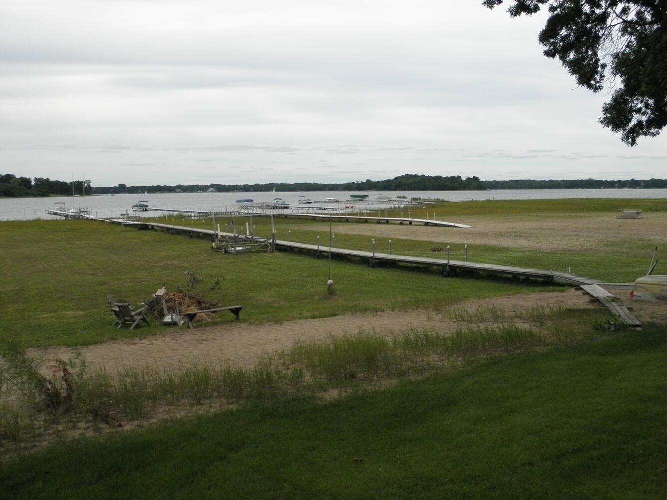 Photo showing low water levels and dock extensions on White Bear Lake, Minnesota.