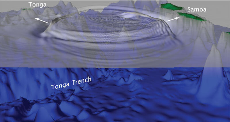 A computer illustration shows a three-dimensional view of islands, seafloor, and ocean waves after an earthquake.