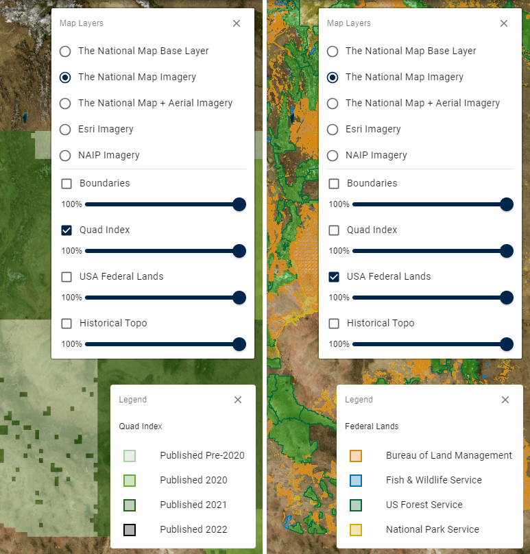 Two panels side by side showing the open legends for the Quad Index layer and the USA Federal Lands layer.