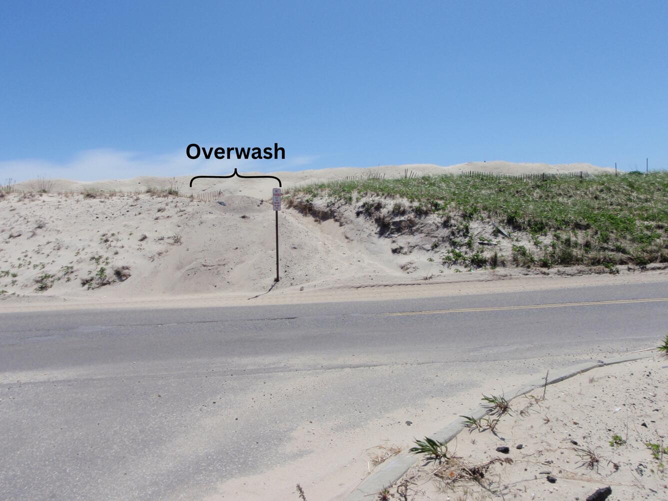 Sand that has washed over a dune onto the back side of a dune after a storm