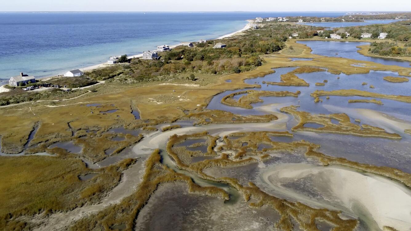 Aerial view of marsh, ocean, and sky