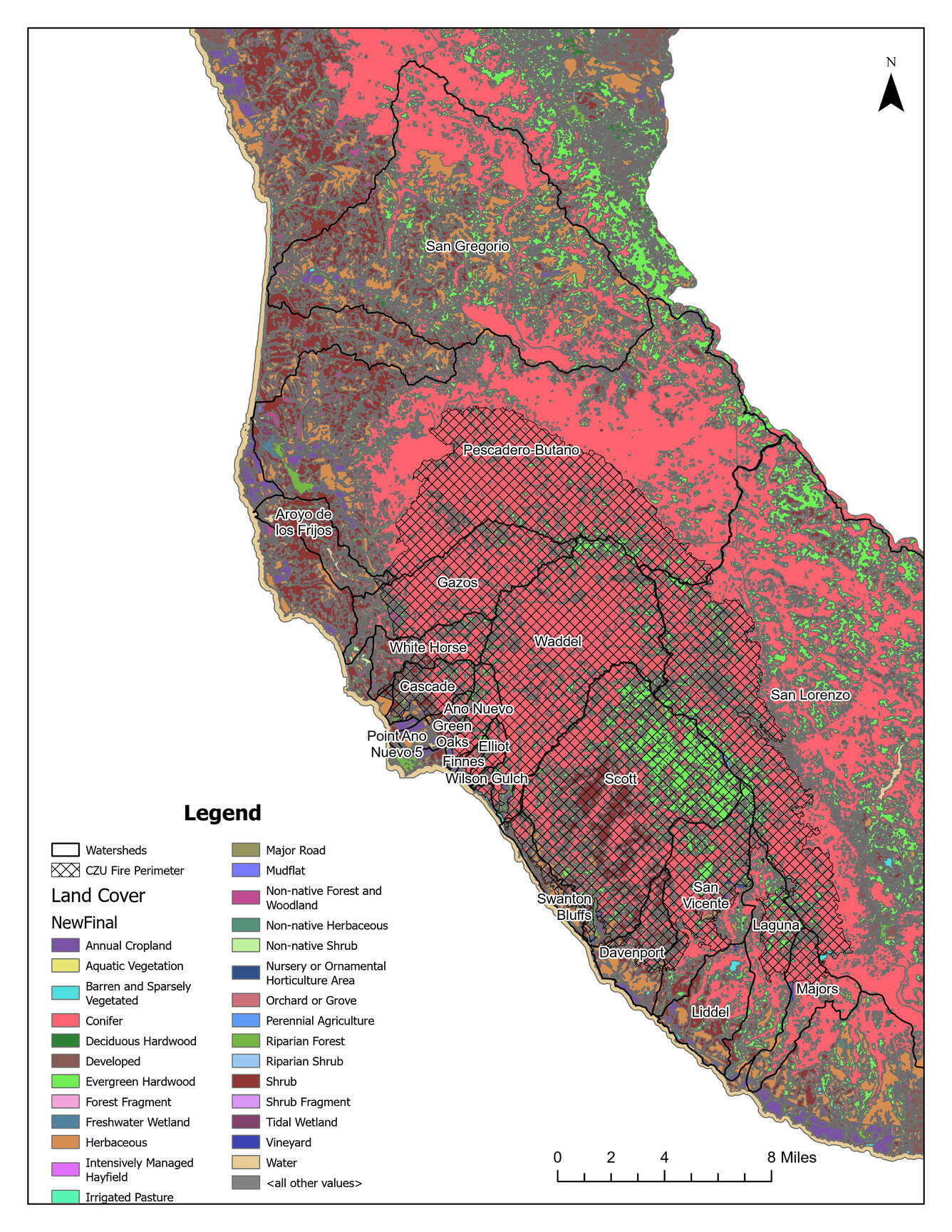 Map of vegetation types and CZU fire perimeter