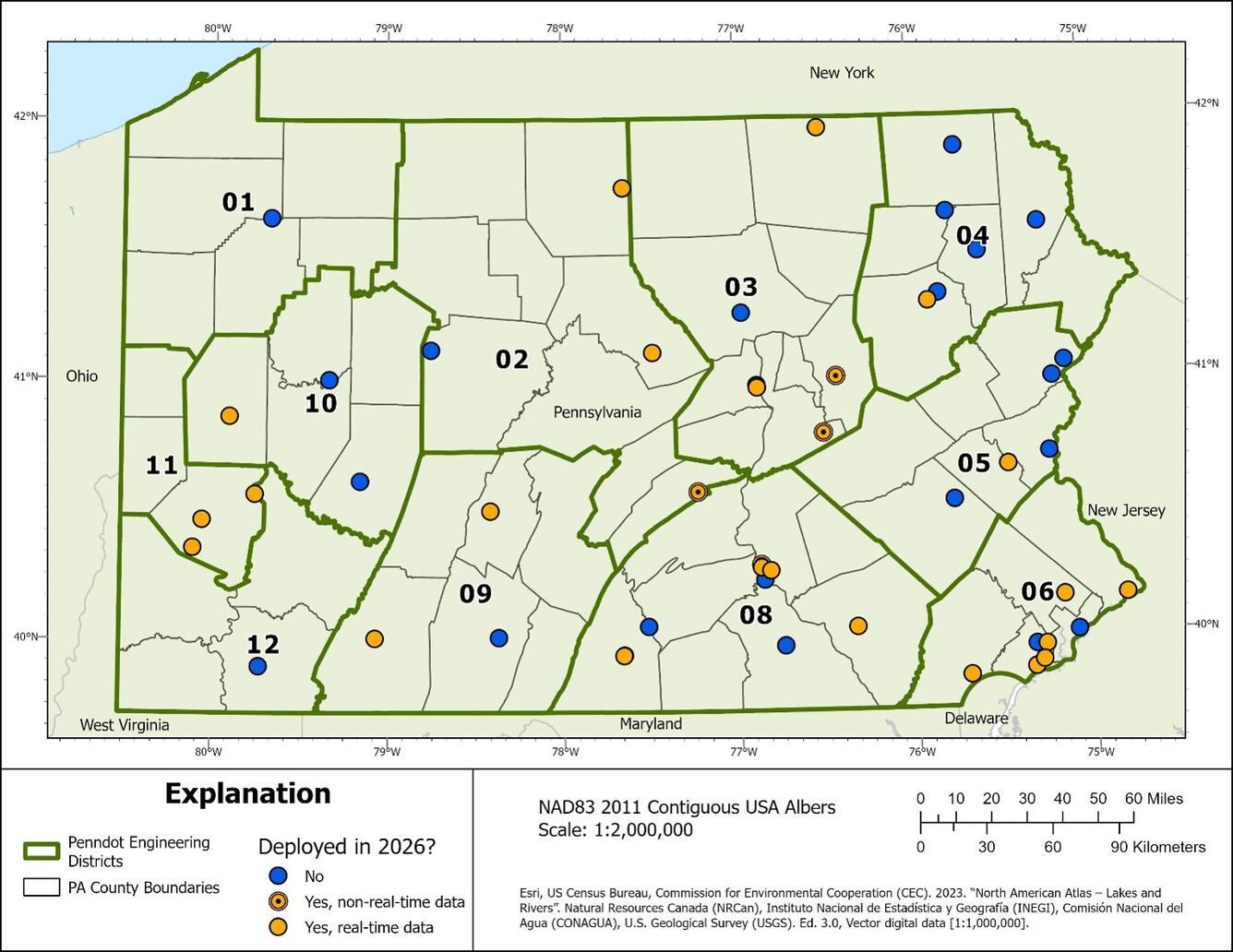 A map showing current (2026) sensor deployments for the Pennsylvania Flood Network. 