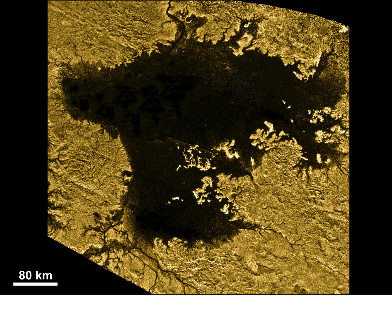 Synthetic Aperture Radar grayscale image of Ligeia Mare, a sea on Titan's north pole.