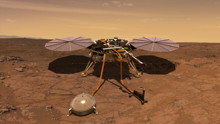 An artist's rendition of the InSight lander operating on the surface of Mars.