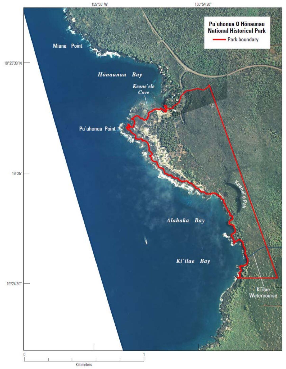 An aerial map showing the park boundary and notable locations within the park. 