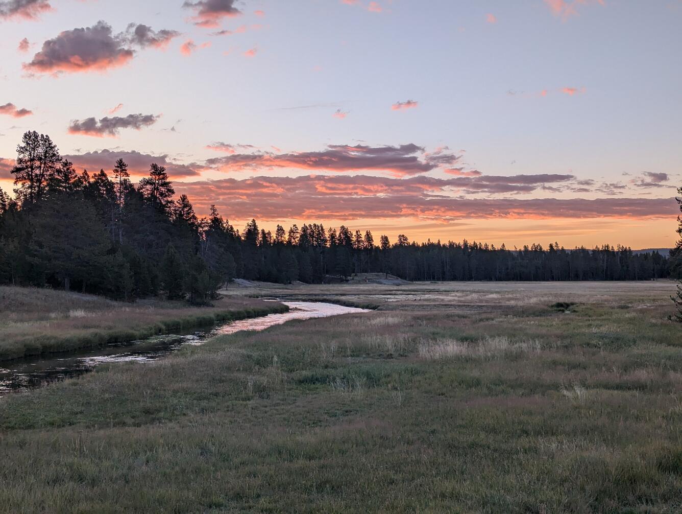 A river winds through a meadow at sunset, with pink clouds in the sky. Trees are in the background.