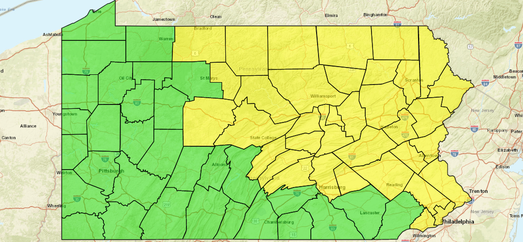 Map of Pennsylvania showing counties colored green (normal) and yellow (drought warning)