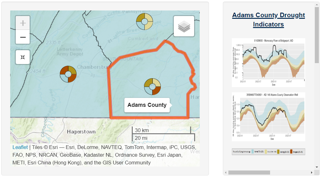 Illustration showing map of Adams County, Pennsylvania, with a circle symbol with colored sections and 2 graphs