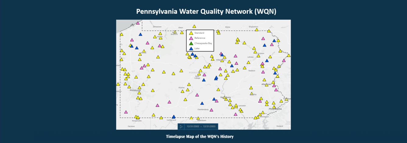 Map of Pennsylvania with triangle symbols colored blue, yellow, and orange at WQN locations