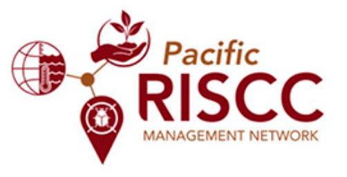 Text reading "Pacific RISCC Management Network", surrounded by icons of a hand holding a baby plant, an insect, and a globe indicating sea level rise.