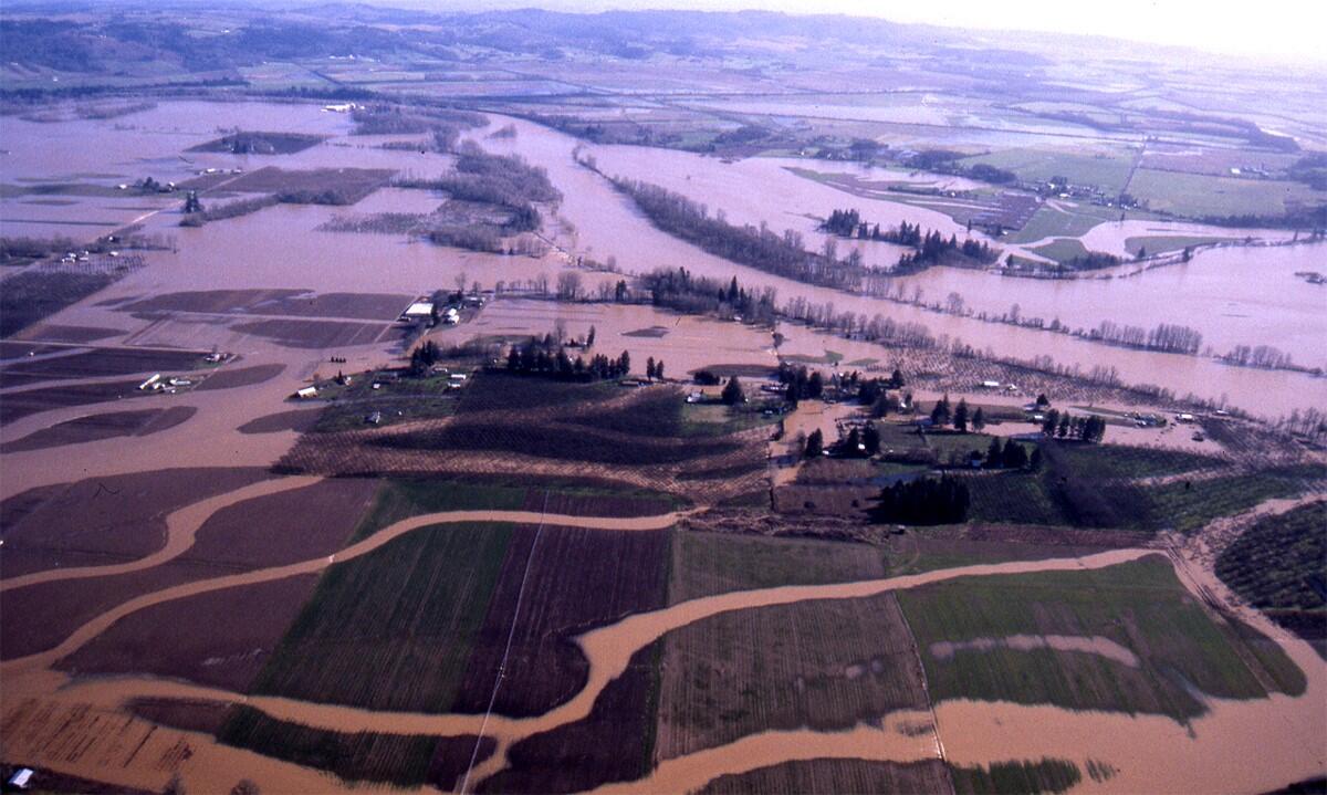 Aerial image of flooded agriculture land in Willamette Valley