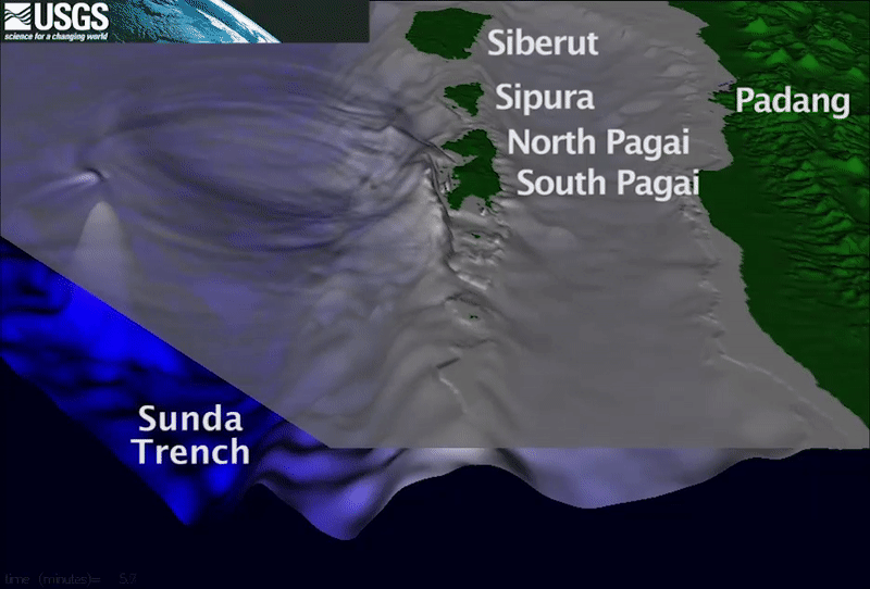 3-D Animation shows the land in the distance with slow rippling waves that roll towards the land and then start sloshing.