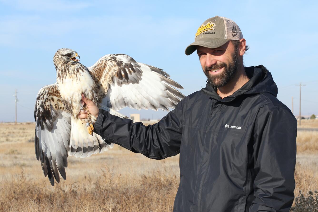 Neil Paprocki holding a hawk banded for study.