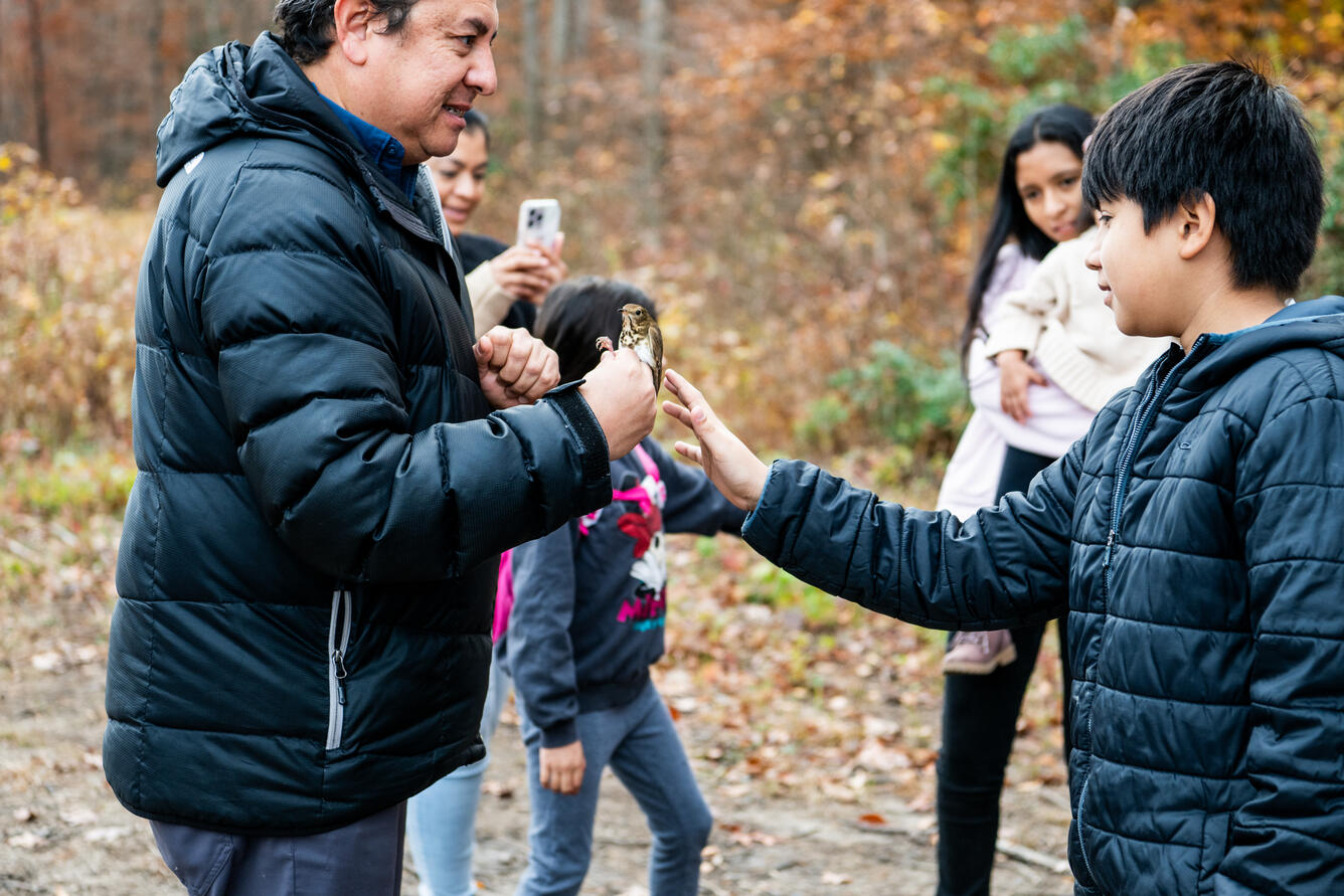 A man in a puffy black coat holds a small bird as a young boy reaches out to touch it