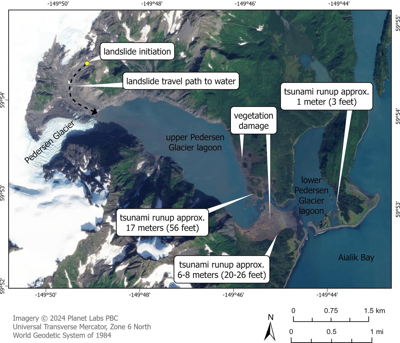 Map marking the landslide initiation point, landslide travel path to water, and tsunami runup estimates