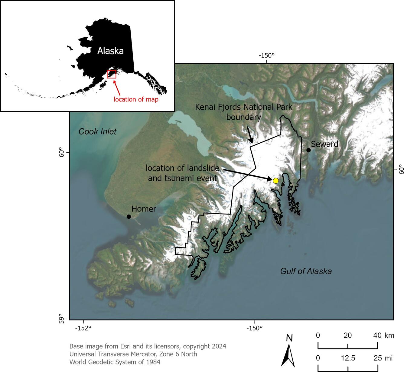 Map showing the location within Alaska of the Pedersen Lagoon Landslide and NPS boundary 