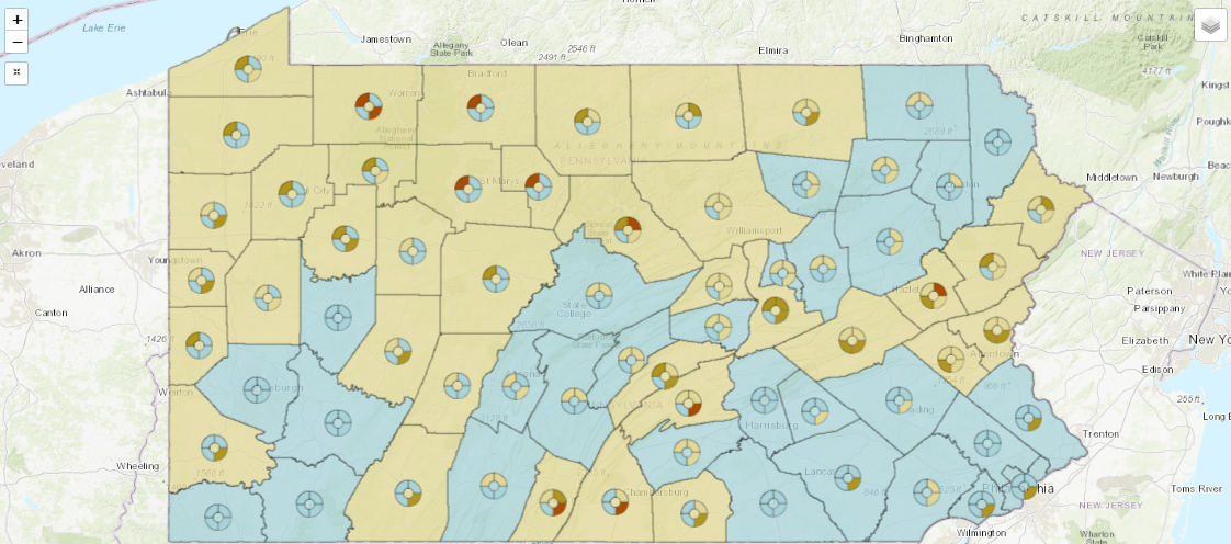 map of pennsylvania with counties and circular symbols colored blue to indicate drought status