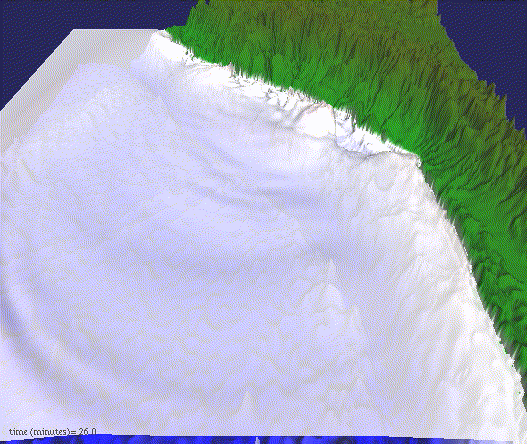 A moving animation shows how a tsunami wave starts and then moves along a coastline.