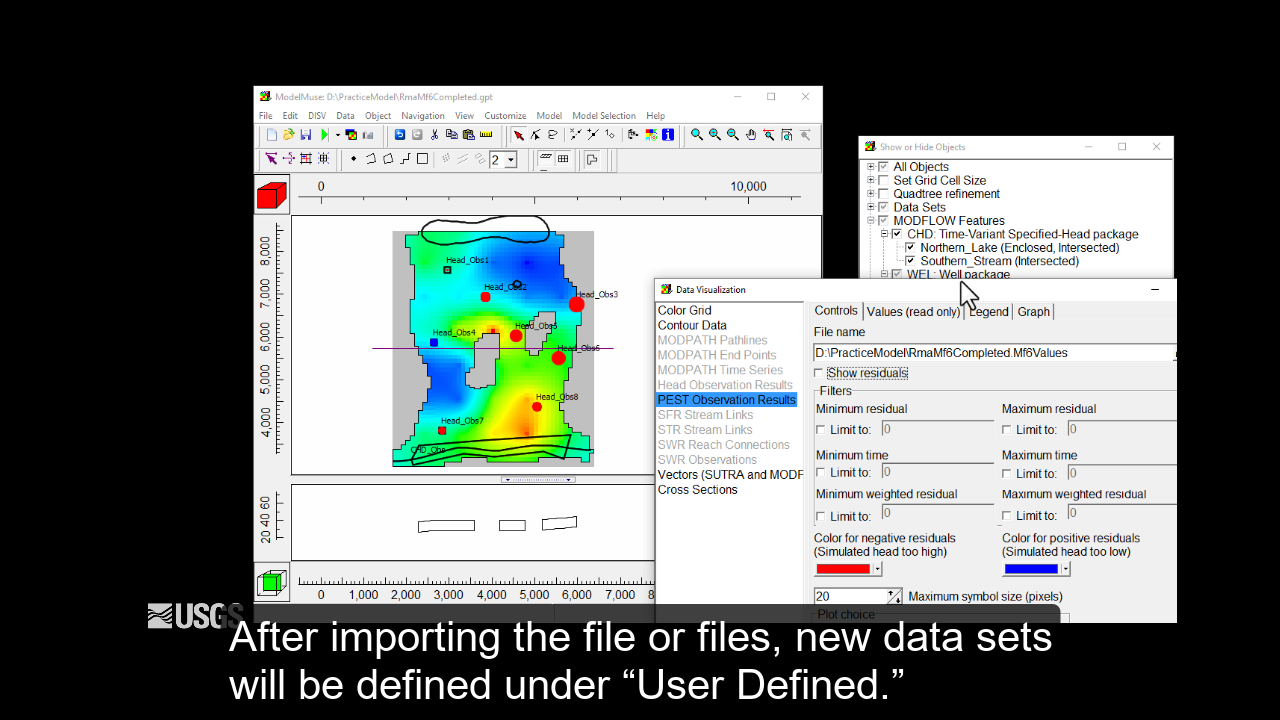 Screen capture of ModelMuse displaying the hydraulic conductivity distribution in a model calibrated using PEST.