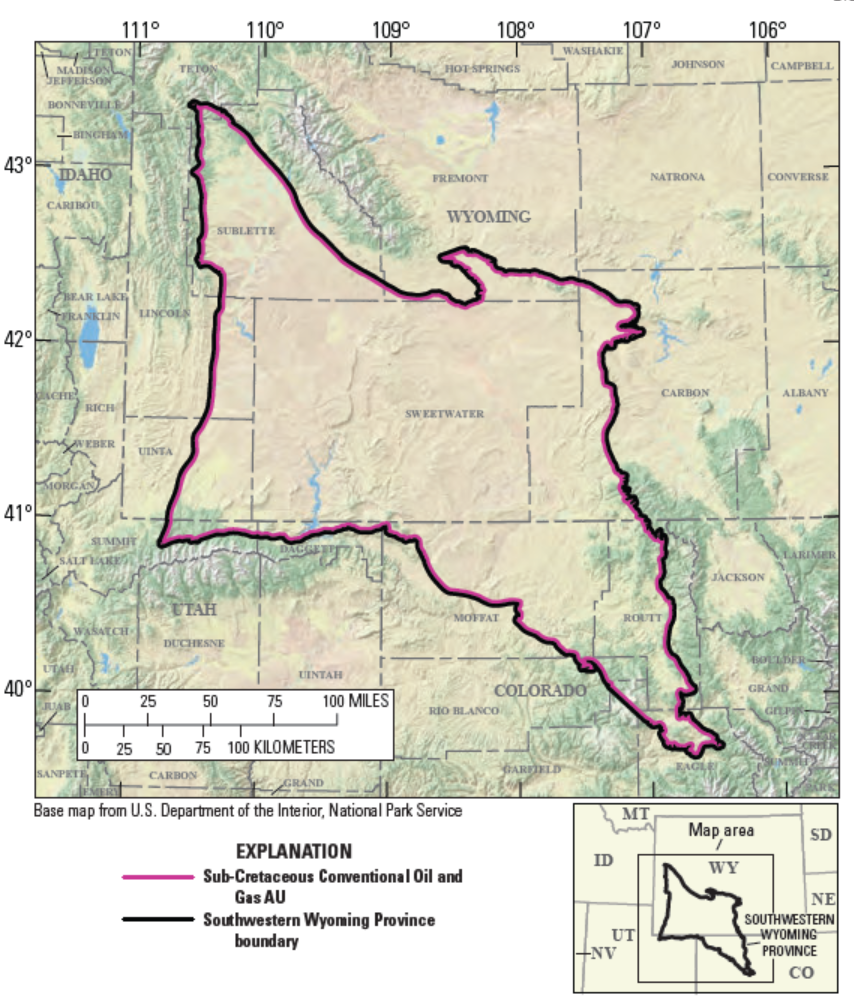 Map of the Phosphoria Total Petroleum System, shown as a dark line on a map of Wyoming, Colorado and Utah