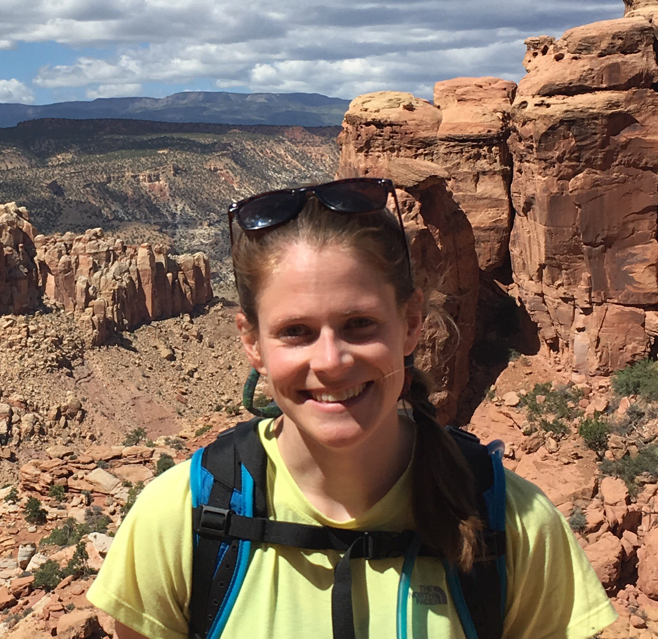 Person standing in front of rock outcrop with vista in background