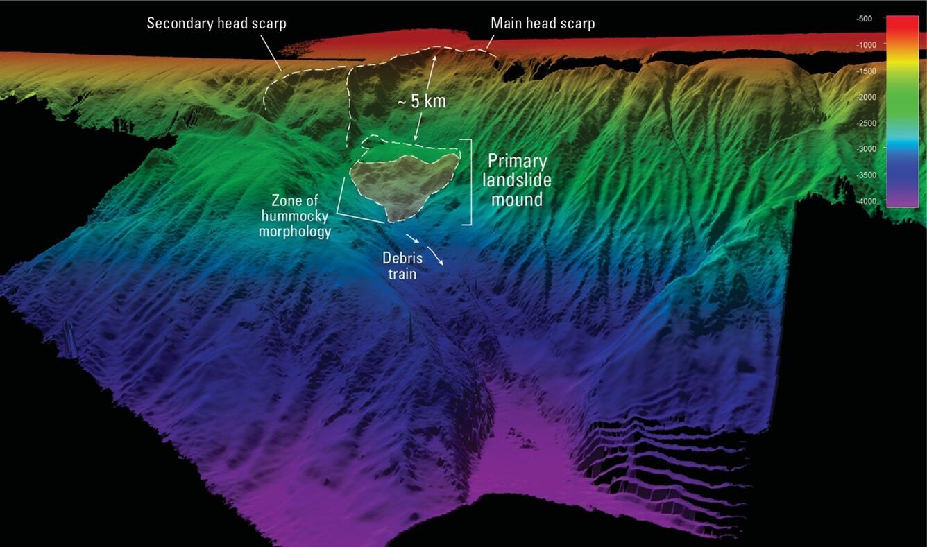 Colored 3D perspective map of the seafloor on the southern Aleutian Shelf