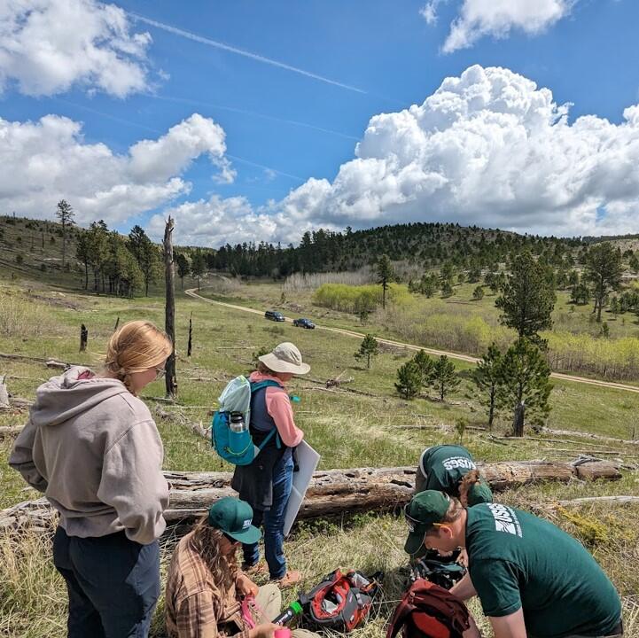 People unpack supplies in a field