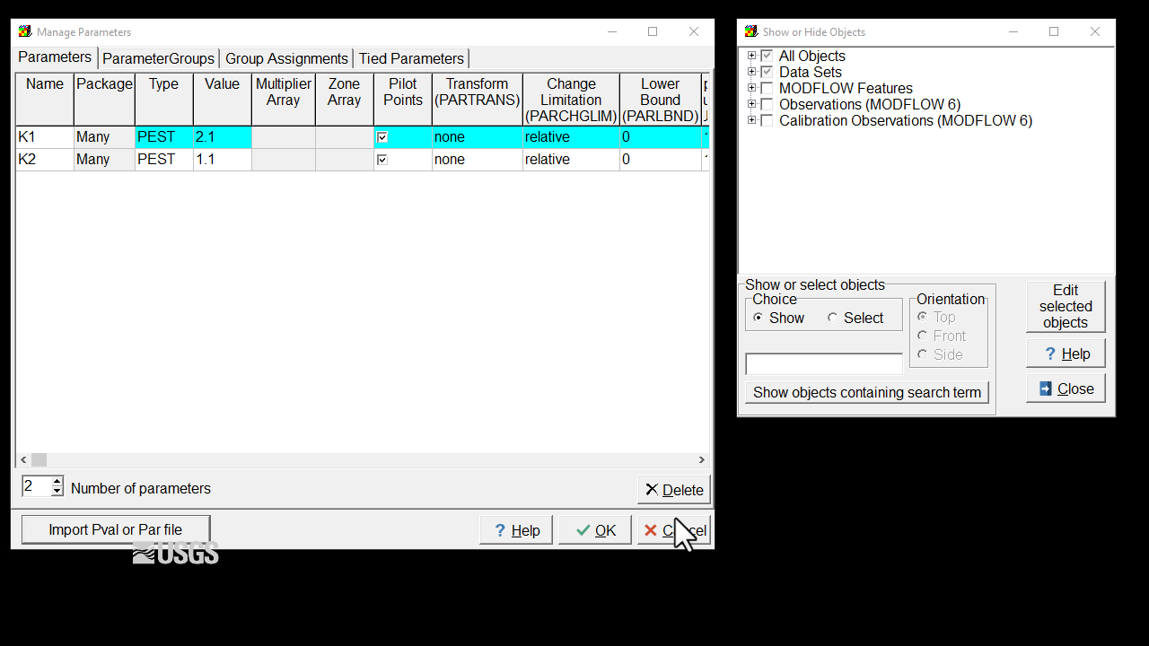 Screen capture of the ModelMuse Manage Parameters dialog box show activation of pilot points with two parameters.