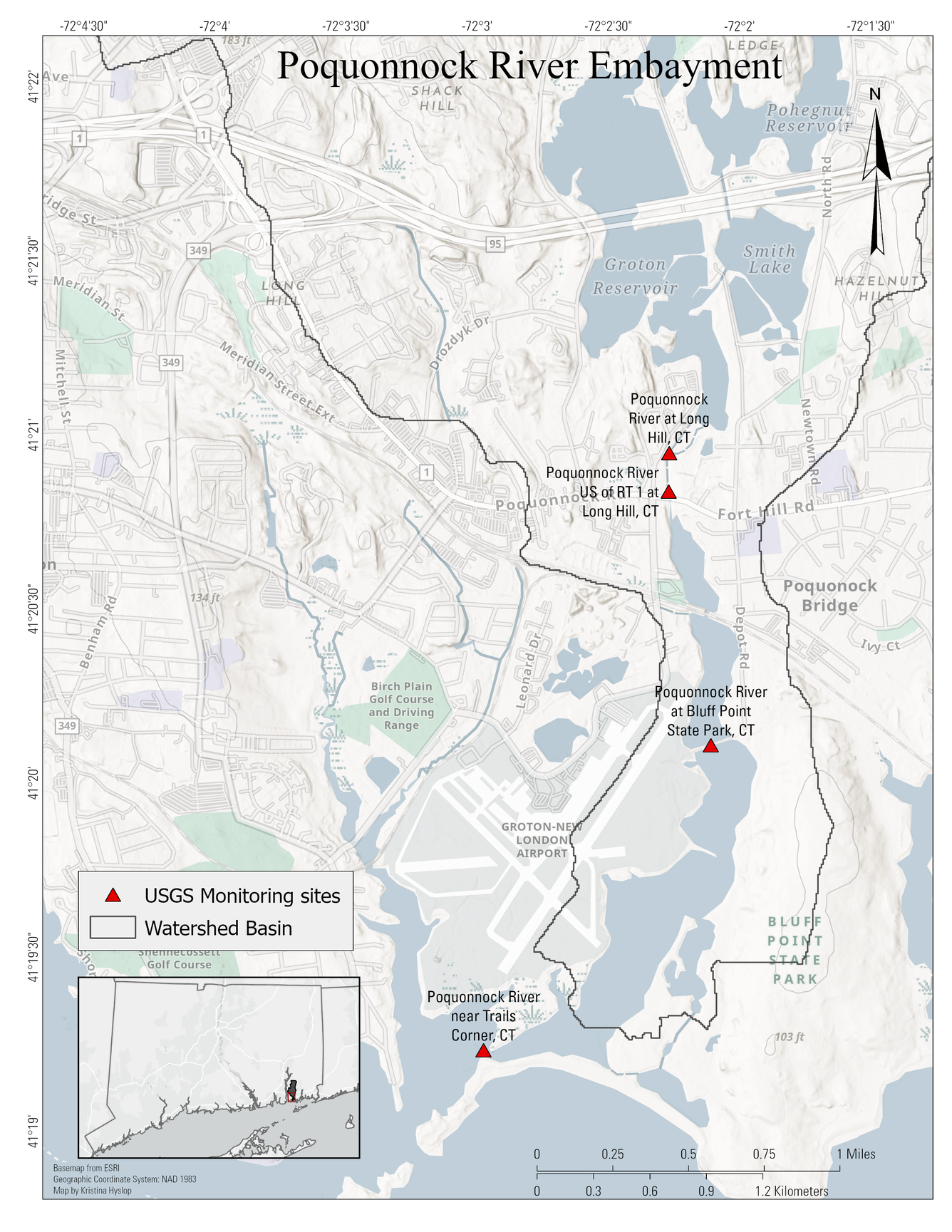 Map of Poquonnock River in Connecticut at Long Island Sound with embayment monitoring sites. 
