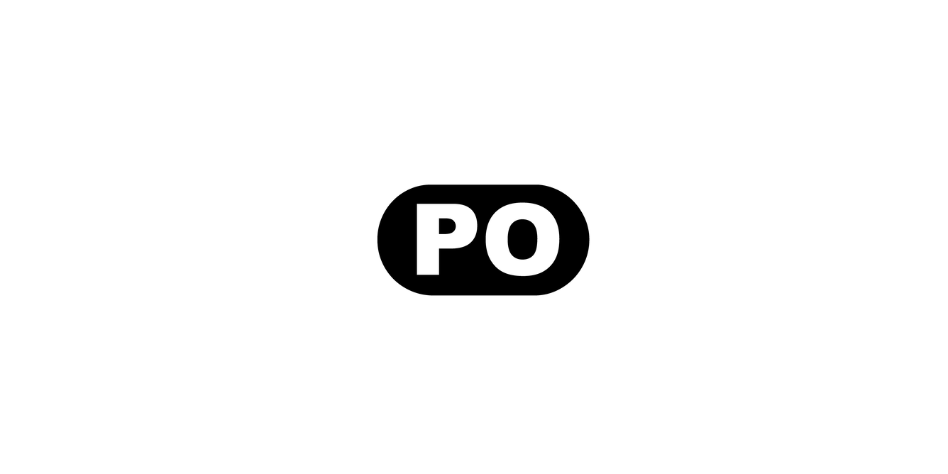 White letters "PO" inside of a dark gray oval.