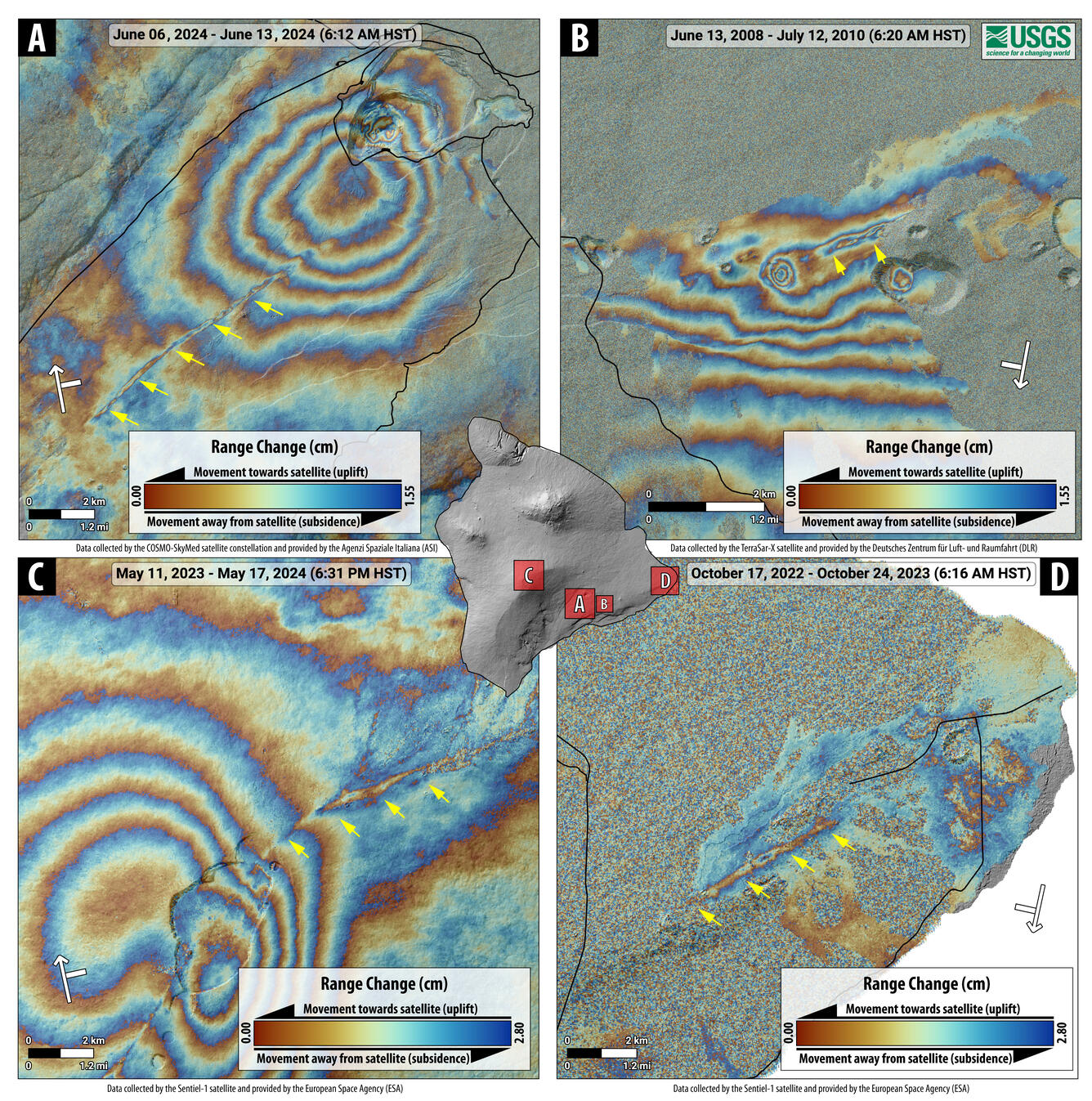 Color plots showing ground deformation