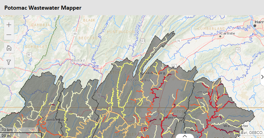 Screenshot of Potomac Wastewater Mapper showing part of basin in Pennsylvania with river sections colored