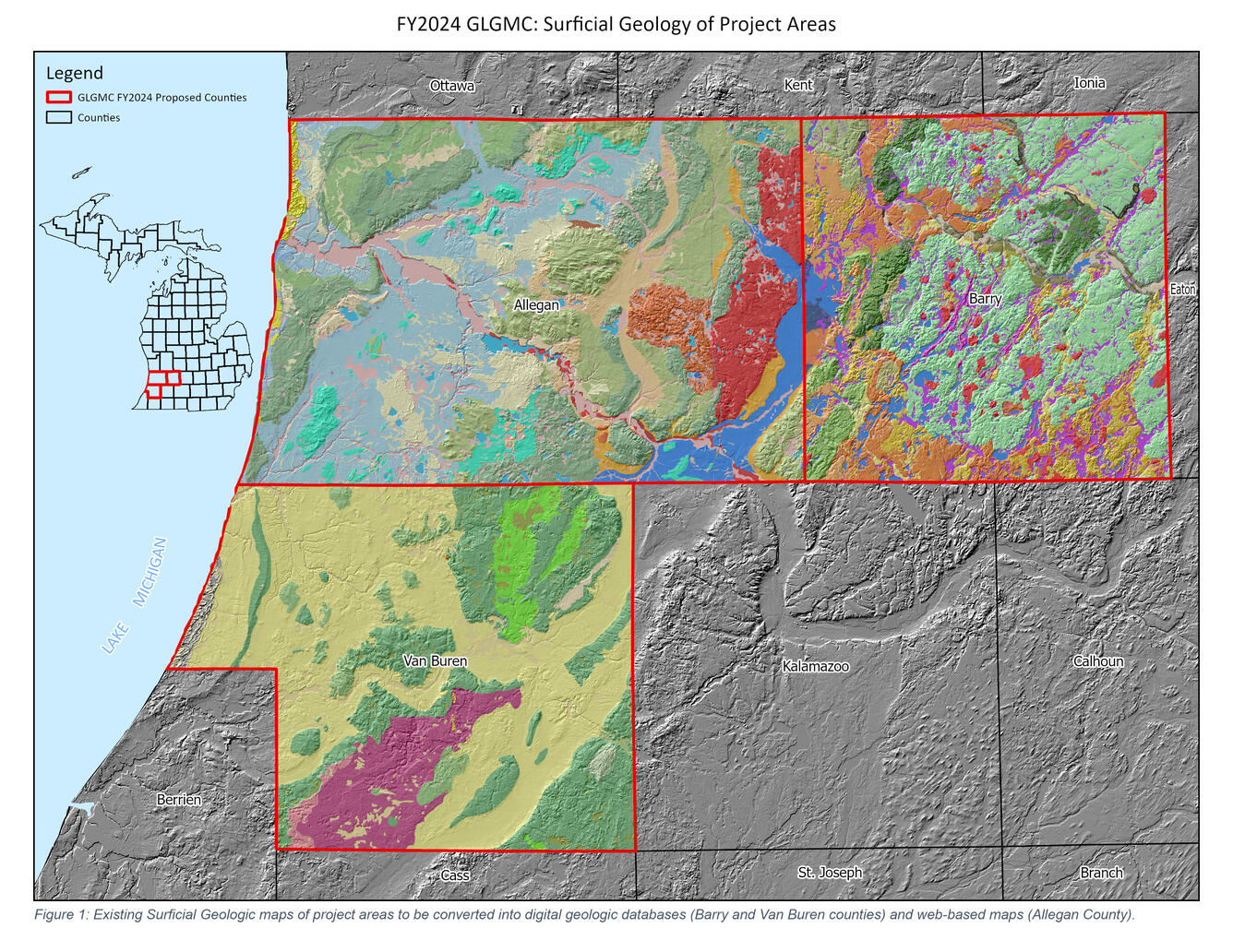 Map showing the existing surficial geologic maps of Allegan, Barry and Van Buren Counties in Michigan overlain on a map of Michigan with the remainder of the visible map area in greyscale. 